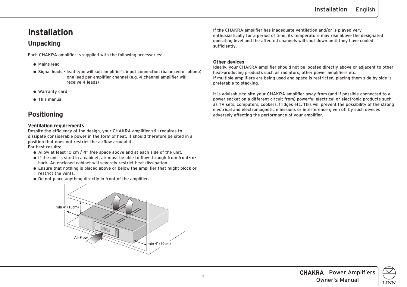 Installation, Uun np paacckkiin ng g, Ppo ossiittiio on niin ng g | Linn CHAKRA C 4100 User Manual | Page 11 / 26
