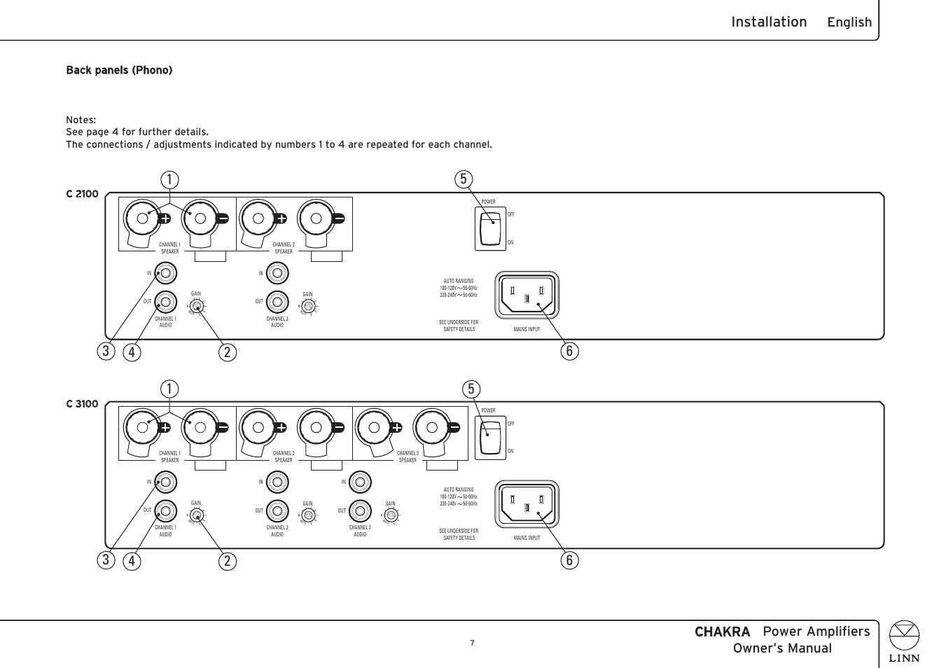 Installation, Chakra power amplifiers owner’s manual, English | Back panels (phono) | Linn CHAKRA C 4100 User Manual | Page 15 / 26