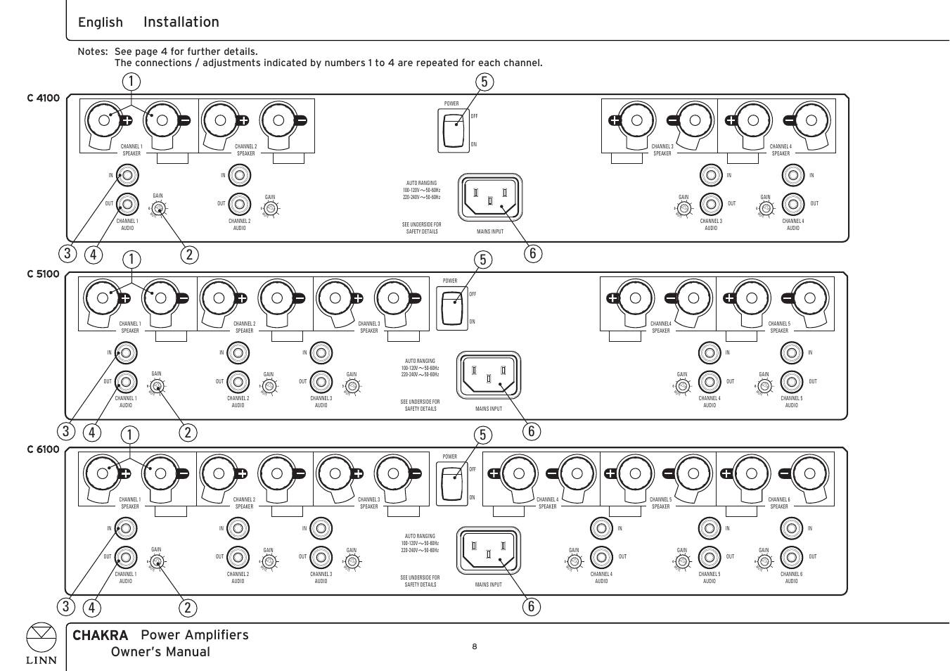 Installation, Chakra power amplifiers owner’s manual english, C 6100 | Linn CHAKRA C 4100 User Manual | Page 16 / 26
