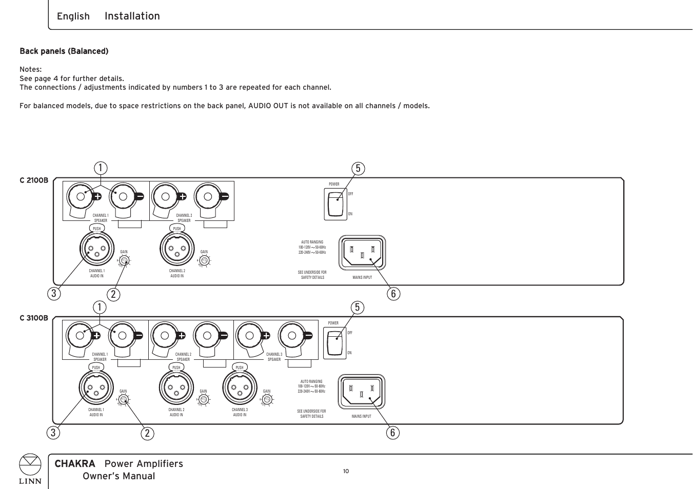 Installation, Chakra power amplifiers owner’s manual english, Back panels (balanced) | Linn CHAKRA C 4100 User Manual | Page 18 / 26