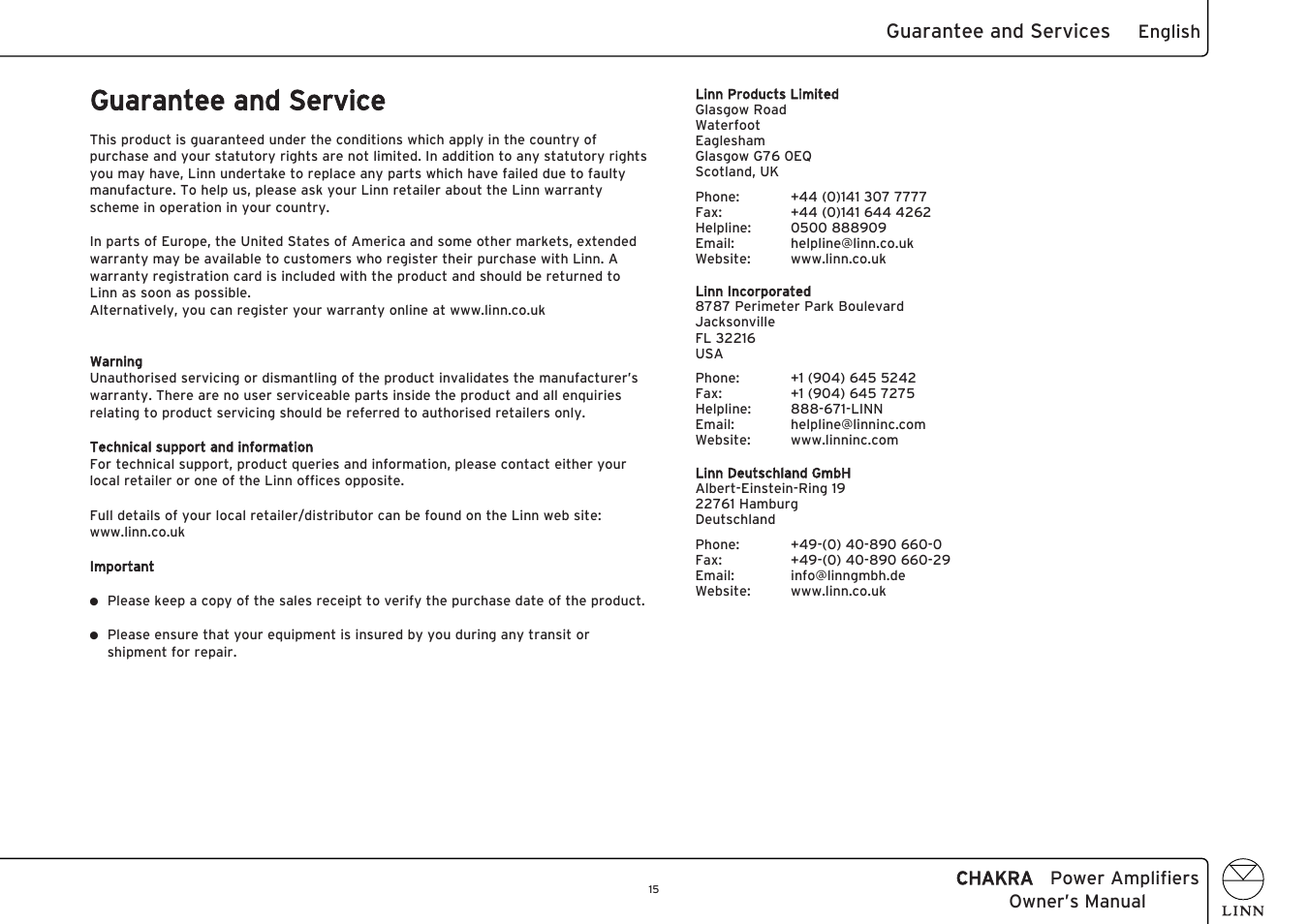 Guarantee and service, Guarantee and services | Linn CHAKRA C 4100 User Manual | Page 23 / 26