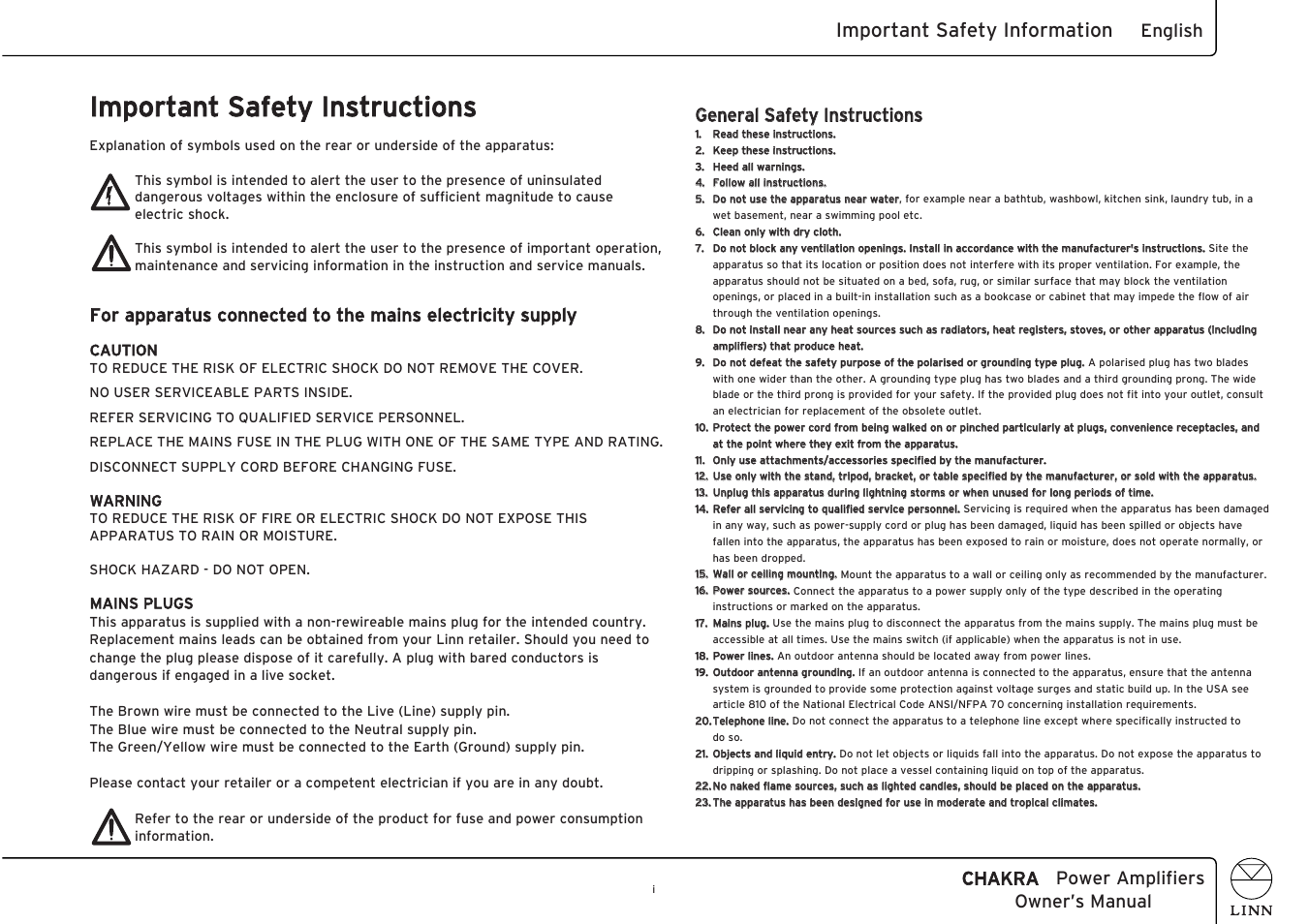 Important safety instructions, Important safety information, Chakra power amplifiers owner’s manual | English, Caution, Warning, Mains plugs | Linn CHAKRA C 4100 User Manual | Page 3 / 26