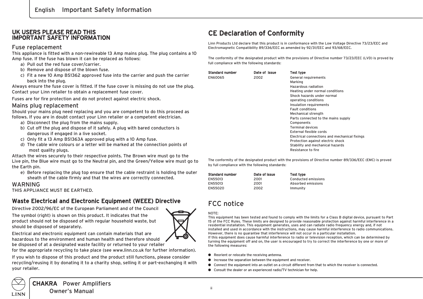 Fcc notice, Important safety information, Chakra power amplifiers owner’s manual english | Mains plug replacement, Warning | Linn CHAKRA C 4100 User Manual | Page 4 / 26