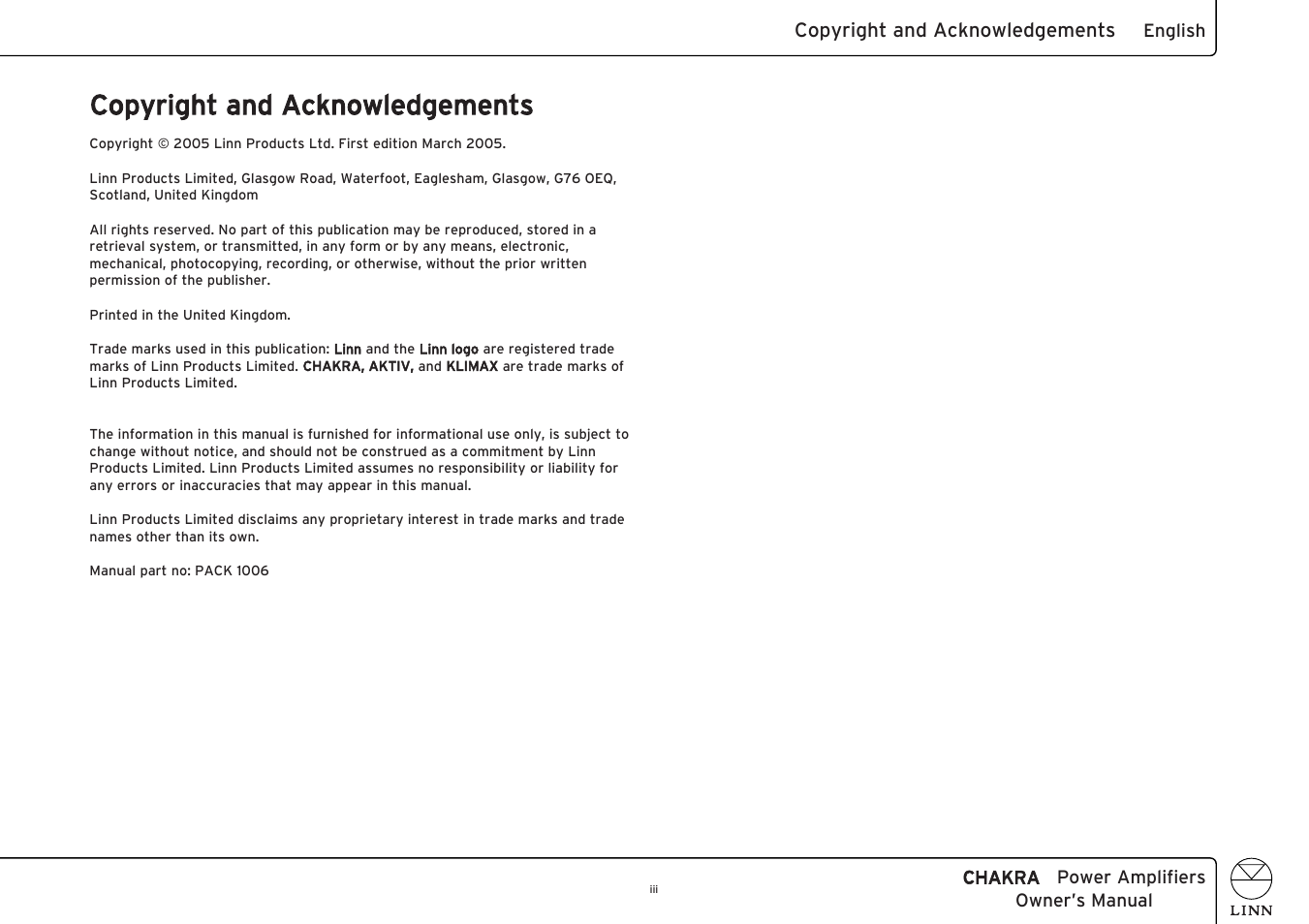 Copyright and acknowledgements | Linn CHAKRA C 4100 User Manual | Page 5 / 26