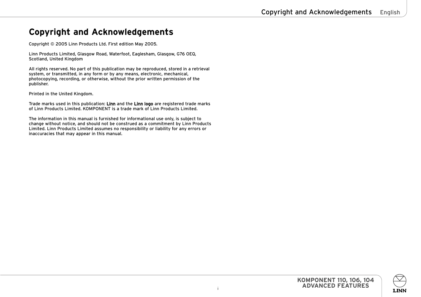 Copyright and acknowledgements | Linn 110 User Manual | Page 2 / 9