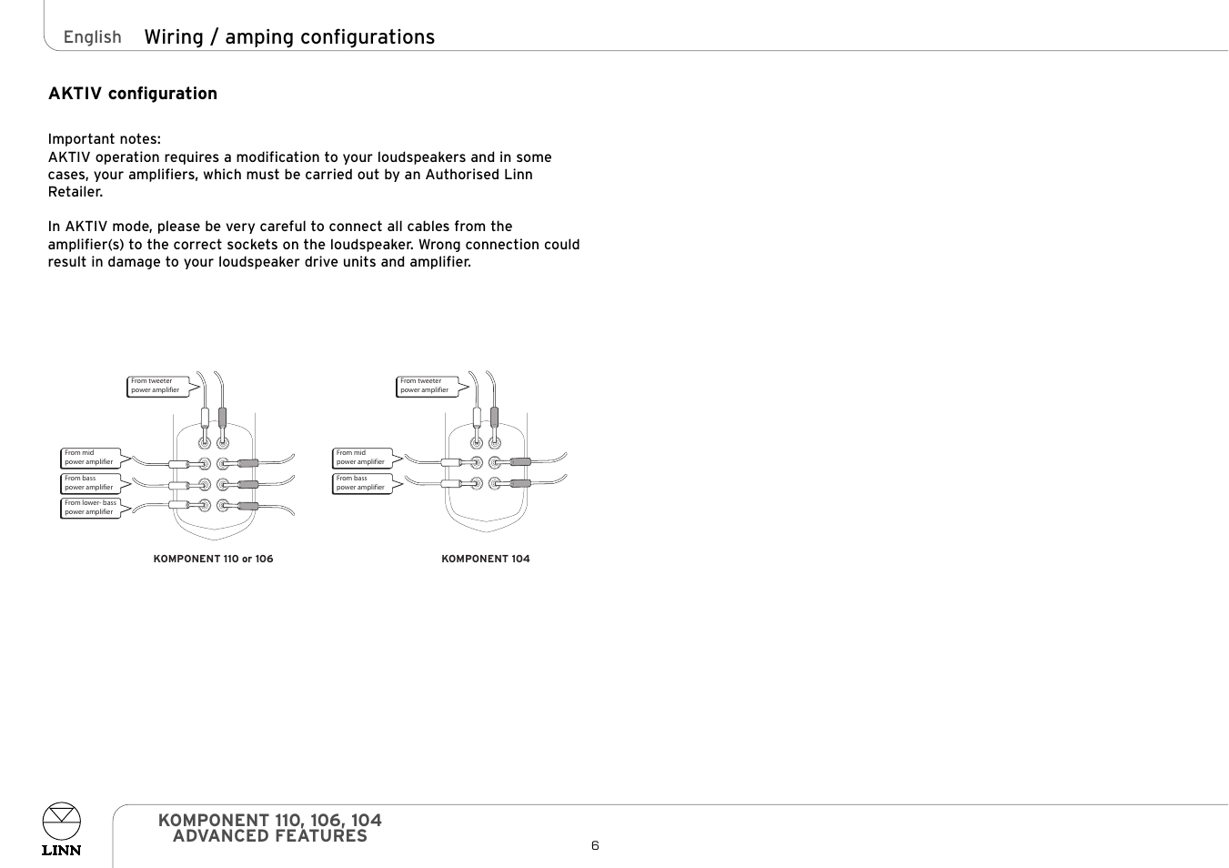 Wiring / amping configurations, Aktiv configuration, English | Linn 110 User Manual | Page 9 / 9