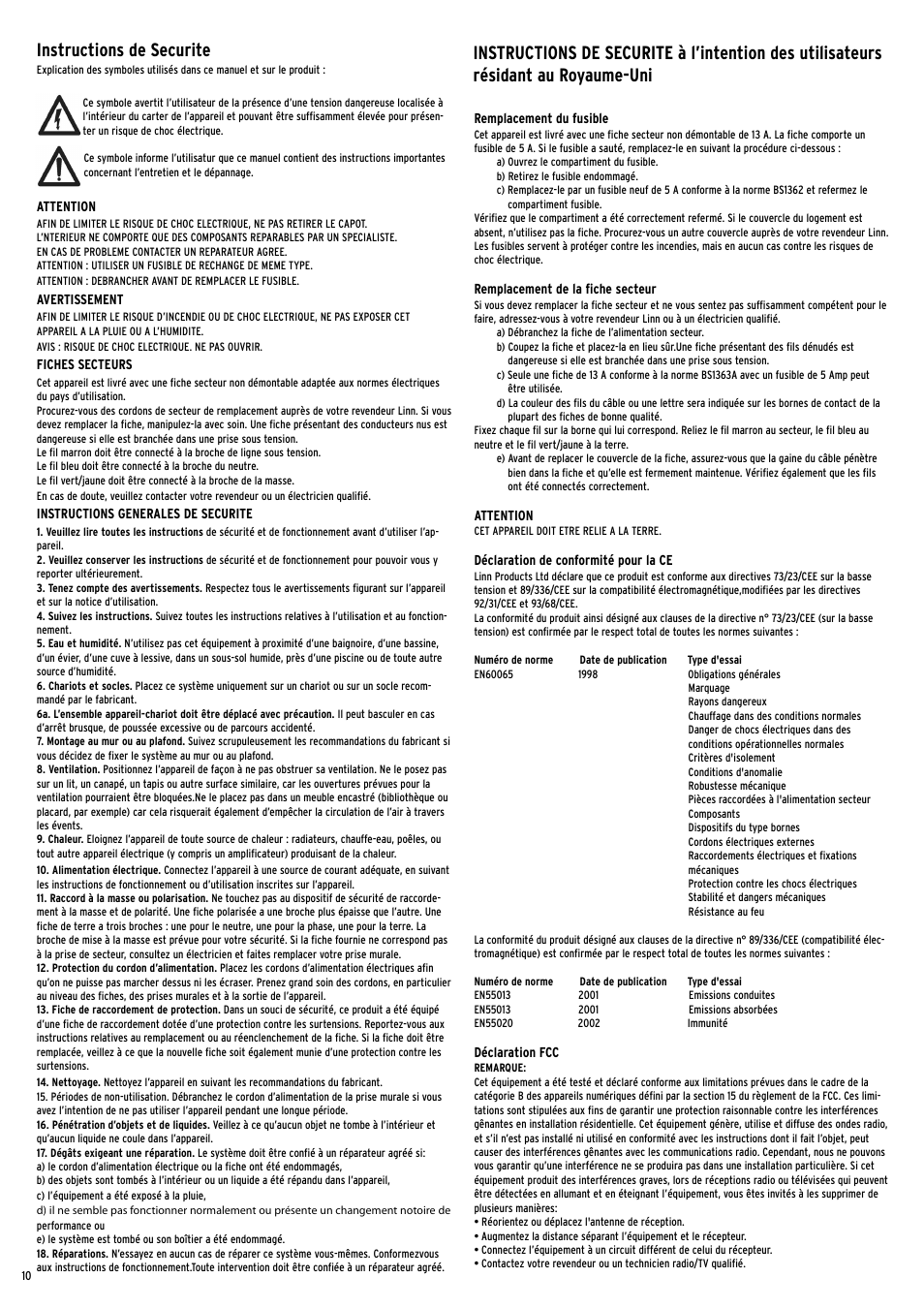 Instructions de securite | Linn Line Receiver 2 User Manual | Page 10 / 16