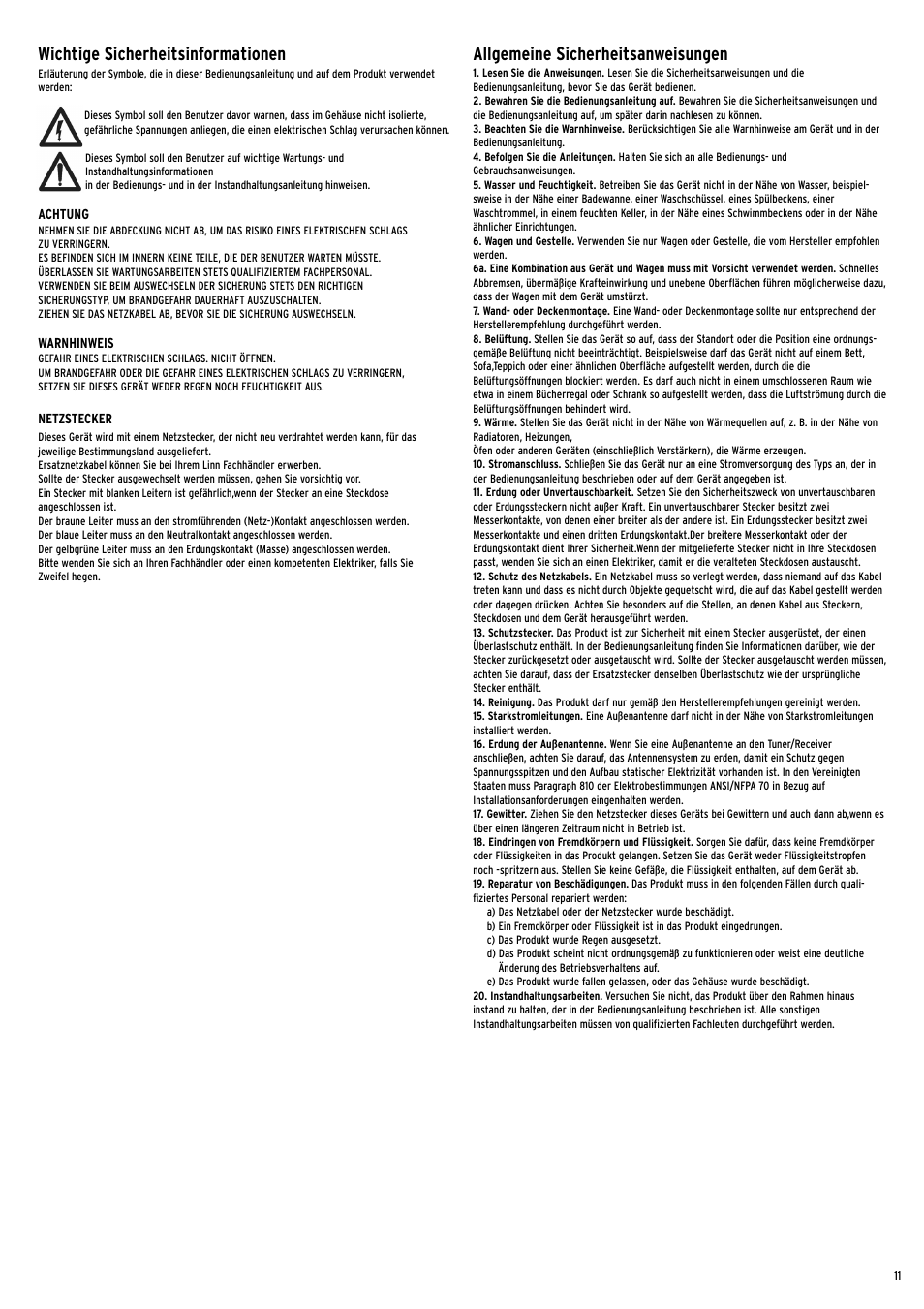 Allgemeine sicherheitsanweisungen, Wichtige sicherheitsinformationen | Linn Line Receiver 2 User Manual | Page 11 / 16
