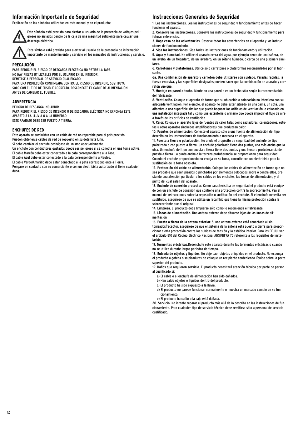 Información importante de seguridad, Instrucciones generales de seguridad | Linn Line Receiver 2 User Manual | Page 12 / 16