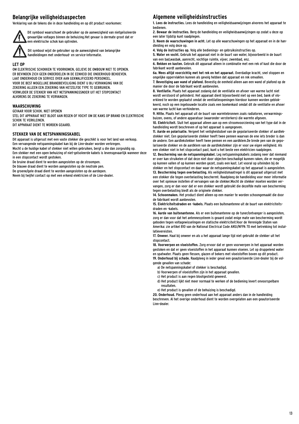Belangrijke veiligheidsaspecten, Algemene veiligheidsinstructies | Linn Line Receiver 2 User Manual | Page 13 / 16