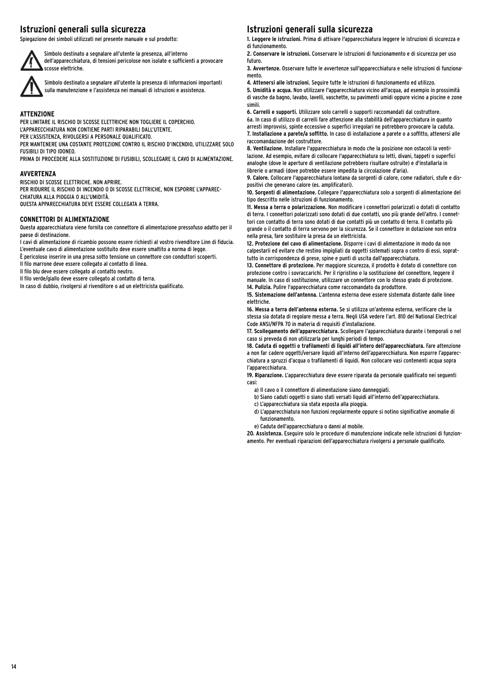 Istruzioni generali sulla sicurezza | Linn Line Receiver 2 User Manual | Page 14 / 16