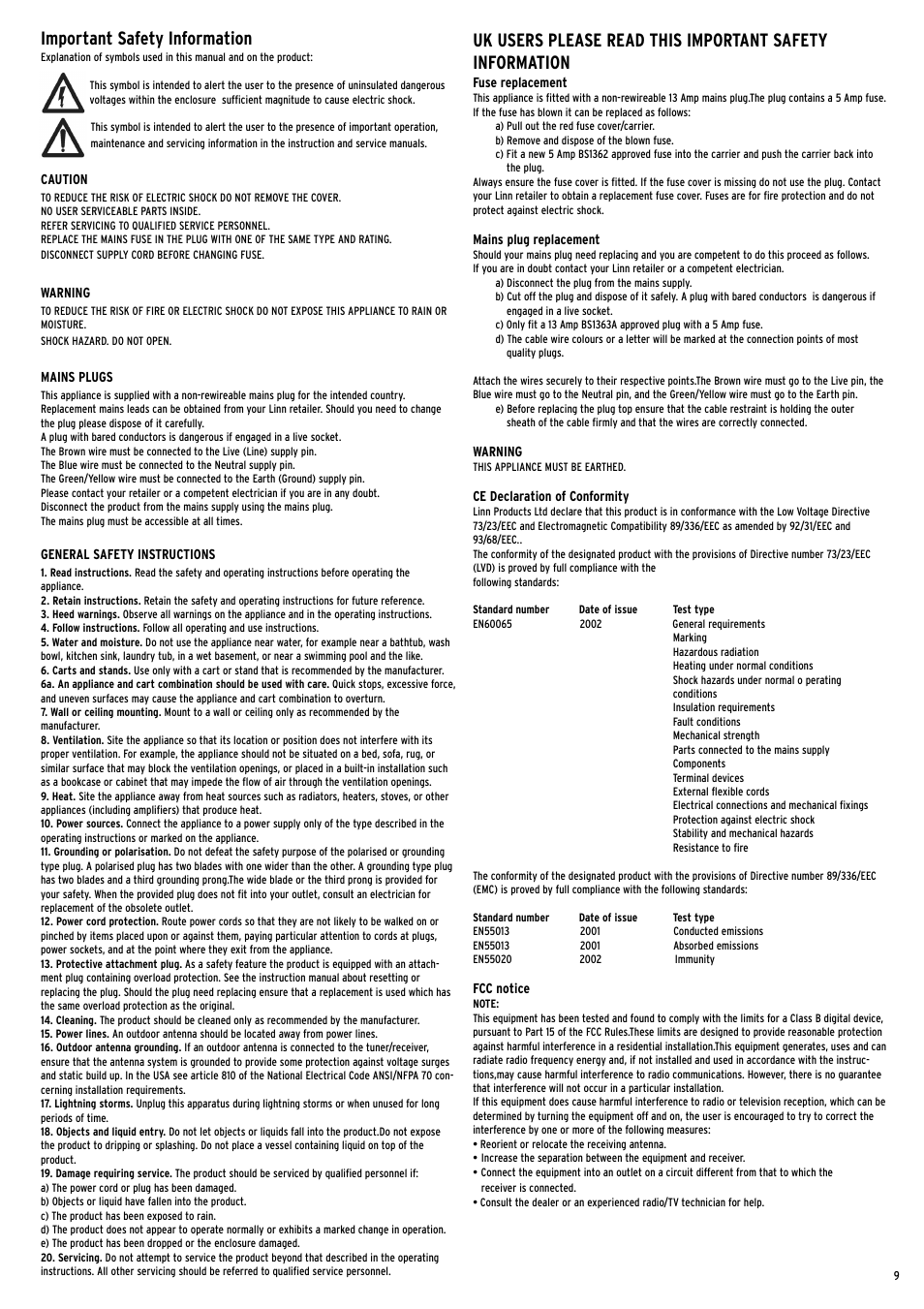Important safety information | Linn Line Receiver 2 User Manual | Page 9 / 16