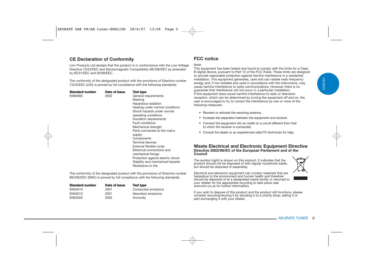 Ce declaration of conformity, Fcc notice | Linn FM/AM/DAB TUNER User Manual | Page 5 / 31