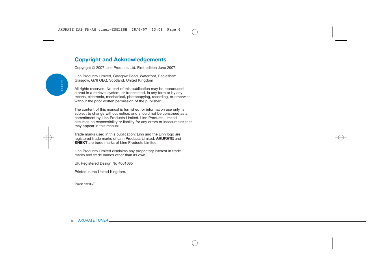 Copyright and acknowledgements | Linn FM/AM/DAB TUNER User Manual | Page 6 / 31