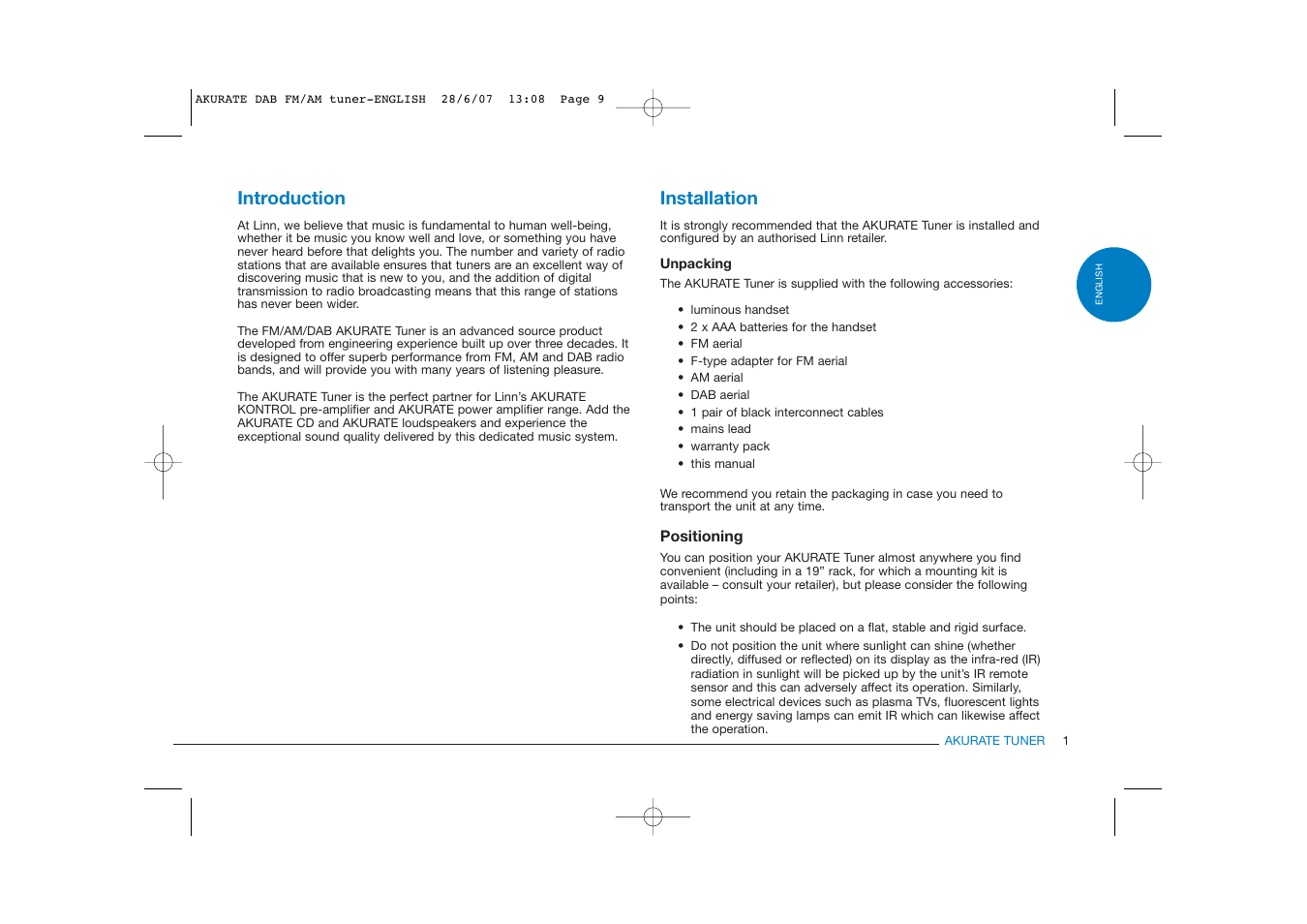 Introduction, Installation | Linn FM/AM/DAB TUNER User Manual | Page 9 / 31