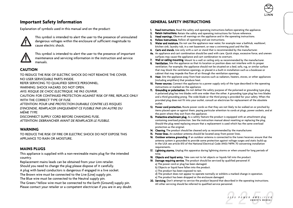 Important safety information, Caution, Warning | Mains plugs, General safety instructions | Linn 2250 User Manual | Page 2 / 10