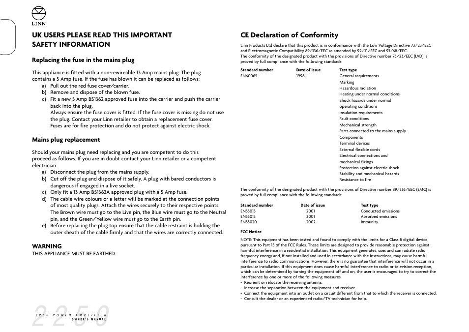 Ce declaration of conformity | Linn 2250 User Manual | Page 3 / 10