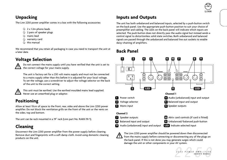 Unpacking, Voltage selection, Positioning | Cleaning, Inputs and outputs, Back panel, English | Linn 2250 User Manual | Page 6 / 10