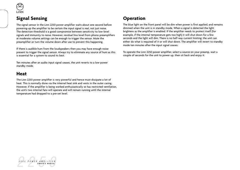 Signal sensing, Heat, Operation | Linn 2250 User Manual | Page 7 / 10