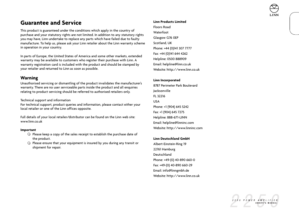 Guarantee and service, Warning | Linn 2250 User Manual | Page 8 / 10
