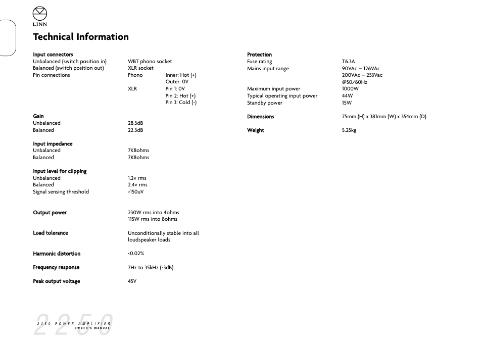 Technical information | Linn 2250 User Manual | Page 9 / 10