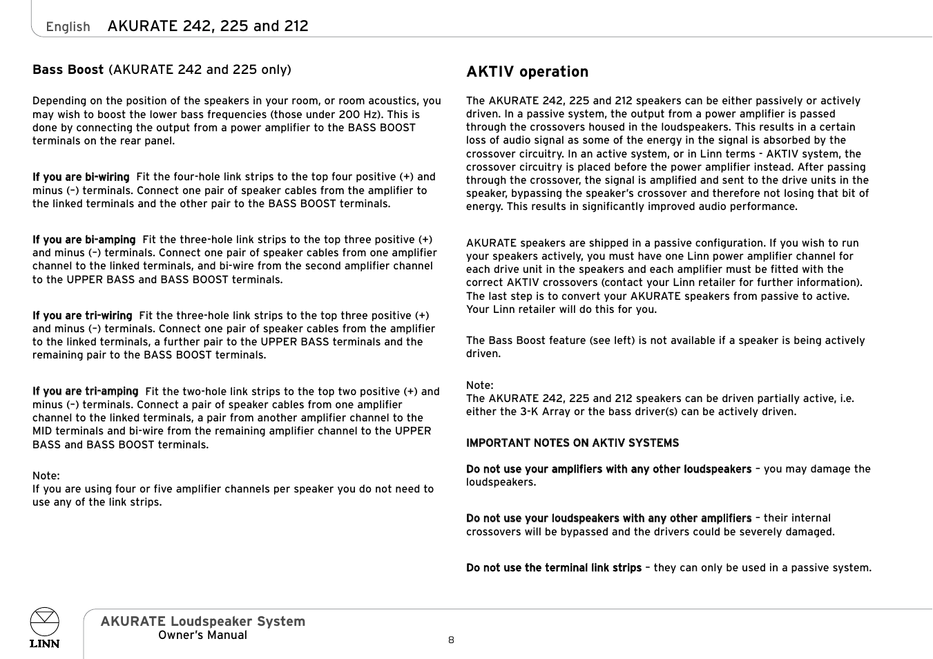 Aktiv operation | Linn AKURATE Loudspeaker System User Manual | Page 13 / 19