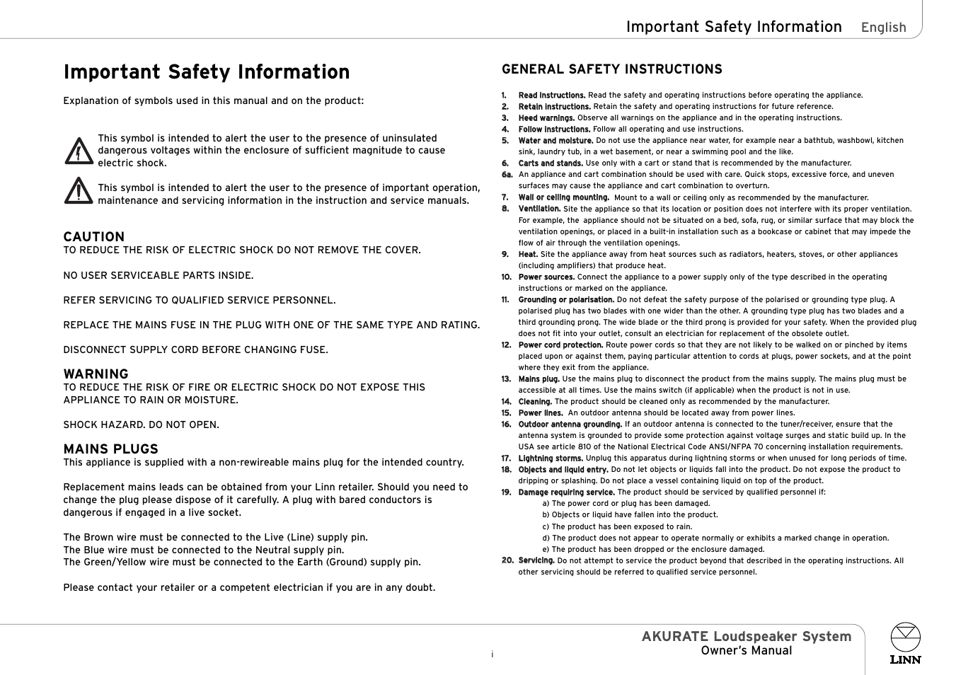 Important safety information, Akurate loudspeaker system, English | Caution, Warning, Mains plugs, General safety instructions, Owner’s manual | Linn AKURATE Loudspeaker System User Manual | Page 2 / 19