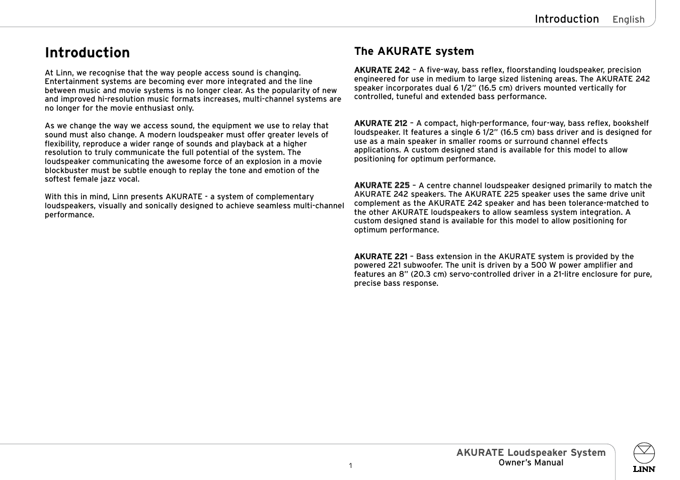 Introduction, The akurate system | Linn AKURATE Loudspeaker System User Manual | Page 6 / 19