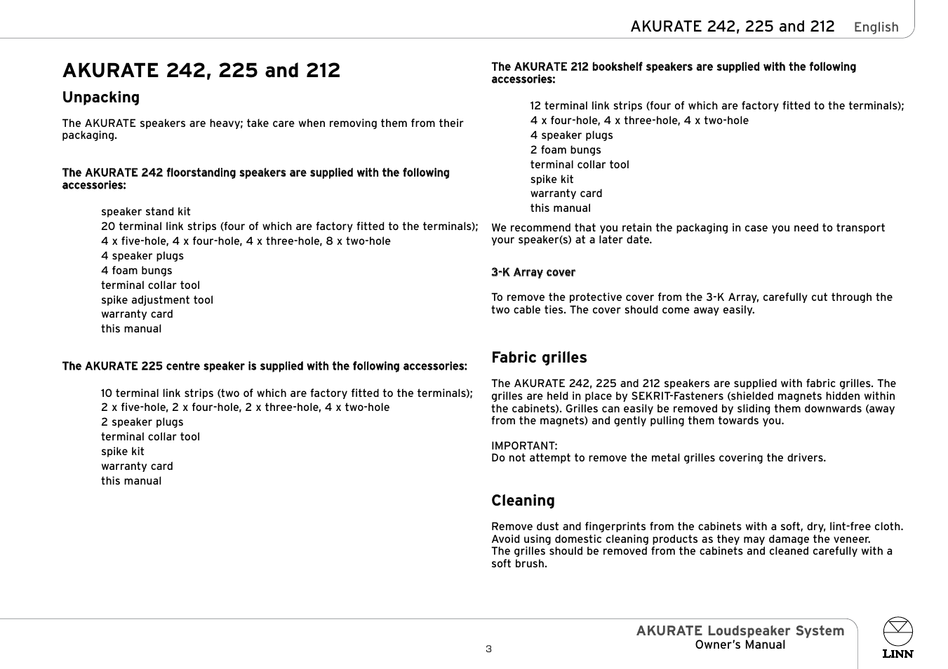 Fabric grilles, Cleaning, Unpacking | Linn AKURATE Loudspeaker System User Manual | Page 8 / 19