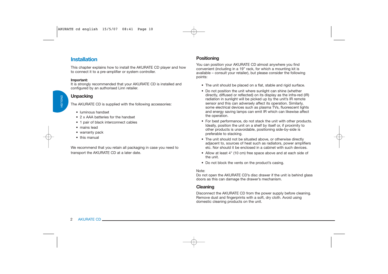 Installation | Linn AKURATE CD Player User Manual | Page 10 / 30