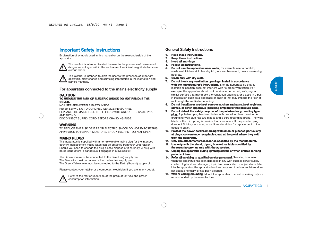 Important safety instructions, General safety instructions | Linn AKURATE CD Player User Manual | Page 3 / 30
