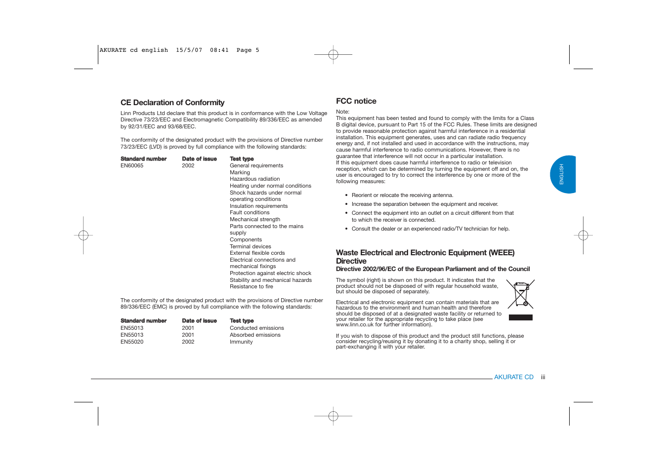 Ce declaration of conformity, Fcc notice | Linn AKURATE CD Player User Manual | Page 5 / 30