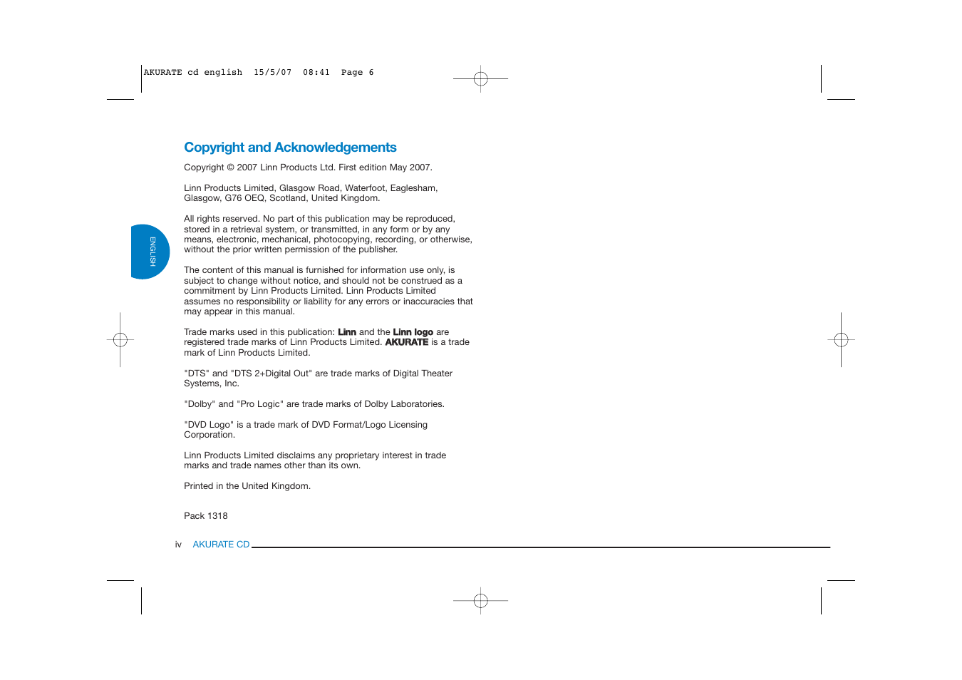 Copyright and acknowledgements | Linn AKURATE CD Player User Manual | Page 6 / 30