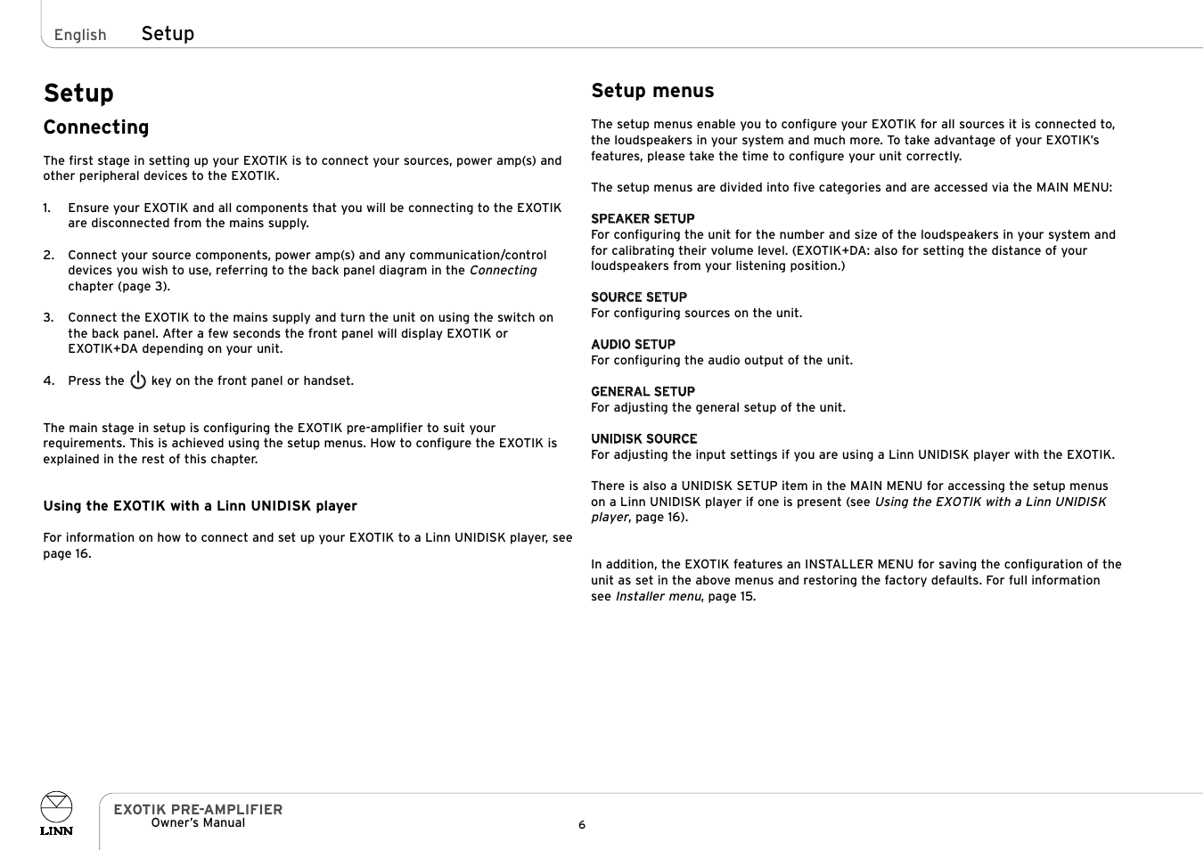 Setup, Connecting, Setup menus | Linn EXOTIK PRE-AMPLIFIER User Manual | Page 11 / 28