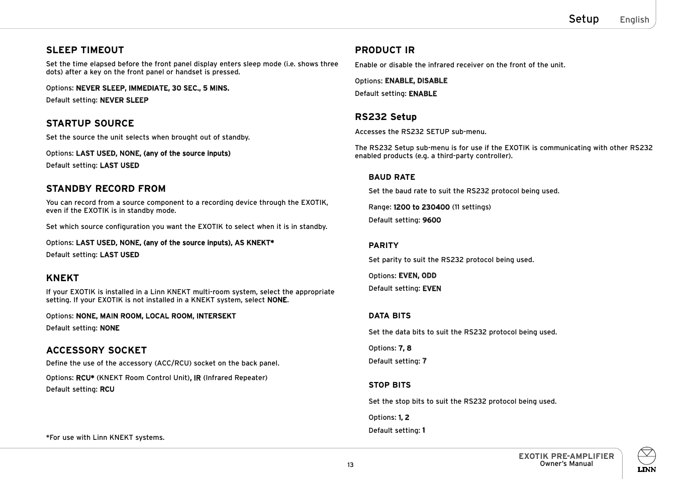 Setup | Linn EXOTIK PRE-AMPLIFIER User Manual | Page 18 / 28