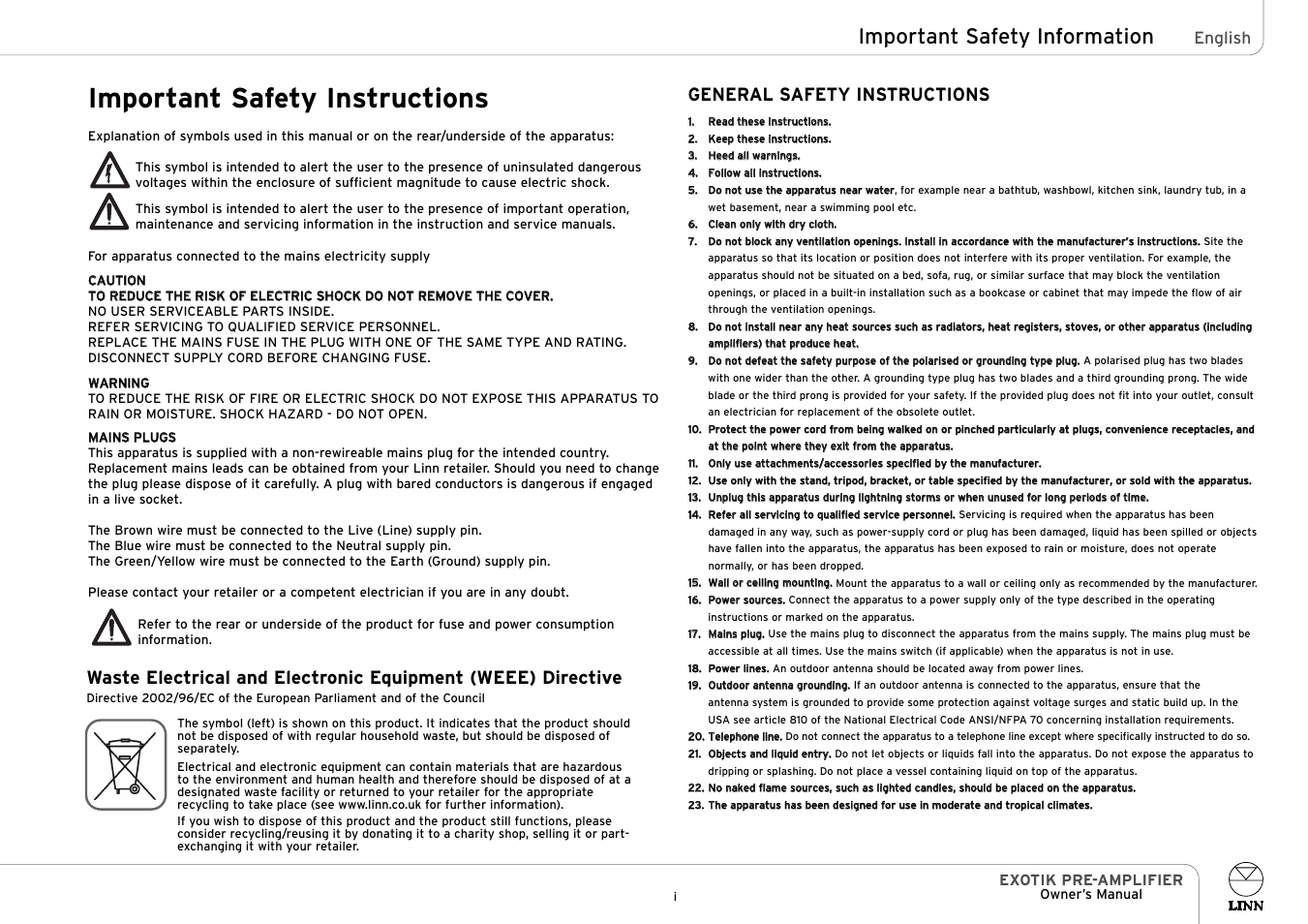 Important safety instructions, Important safety information, General safety instructions | English, Exotik pre-amplifier | Linn EXOTIK PRE-AMPLIFIER User Manual | Page 2 / 28