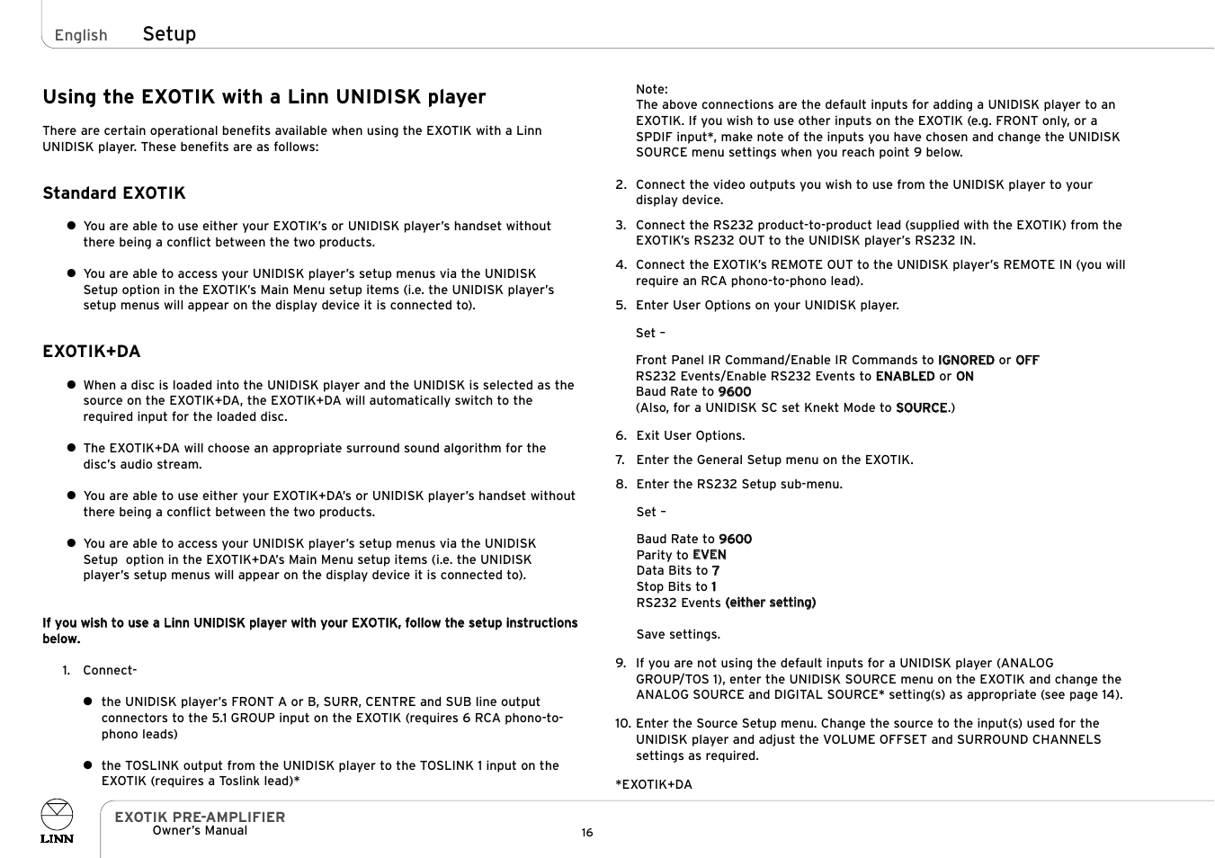 Using the exotik with a linn unidisk player, Setup | Linn EXOTIK PRE-AMPLIFIER User Manual | Page 21 / 28