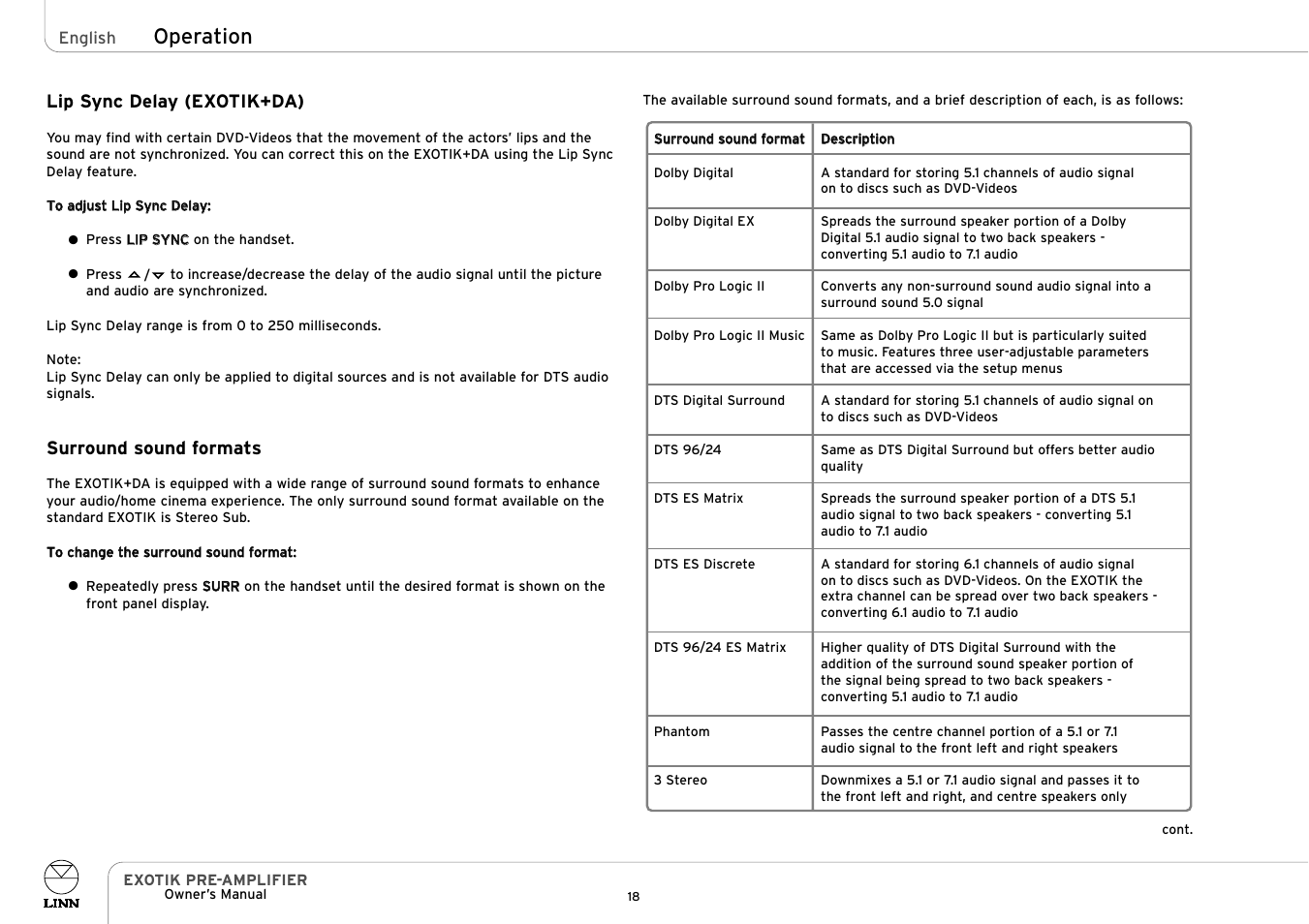 Operation | Linn EXOTIK PRE-AMPLIFIER User Manual | Page 23 / 28