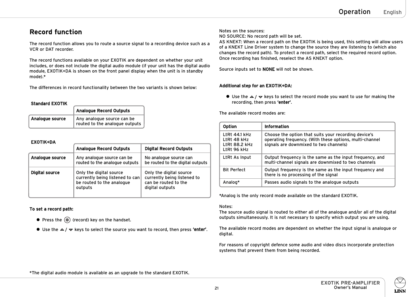 Operation record function | Linn EXOTIK PRE-AMPLIFIER User Manual | Page 26 / 28