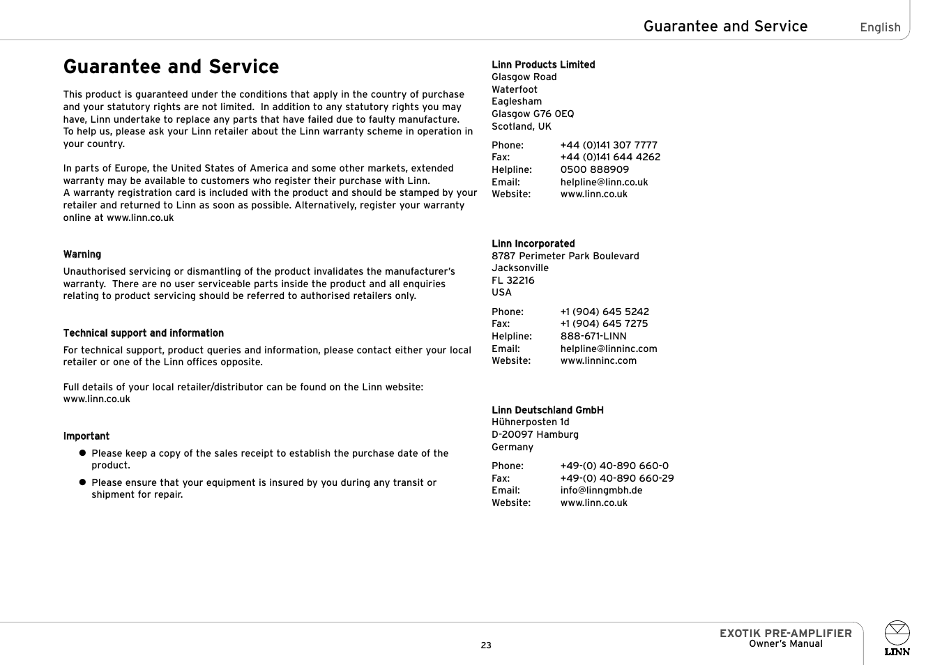 Guarantee and service | Linn EXOTIK PRE-AMPLIFIER User Manual | Page 28 / 28