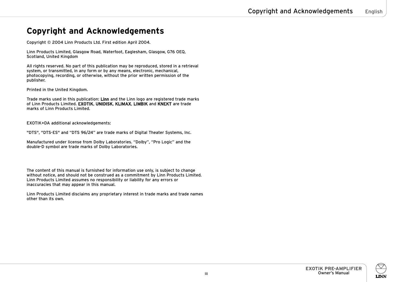 Copyright and acknowledgements | Linn EXOTIK PRE-AMPLIFIER User Manual | Page 4 / 28