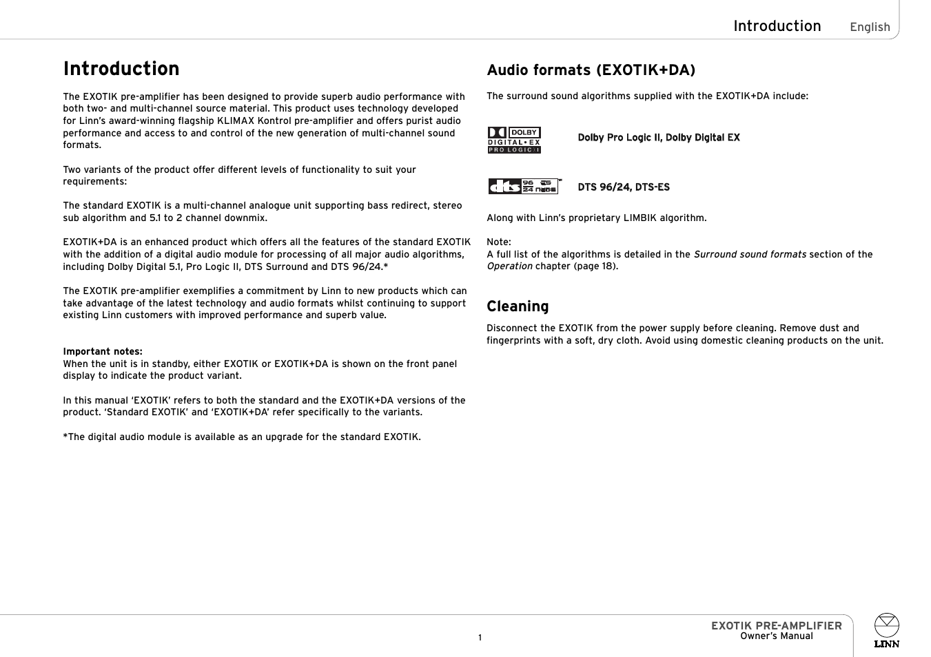 Introduction, Audio formats (exotik+da), Cleaning | Linn EXOTIK PRE-AMPLIFIER User Manual | Page 6 / 28