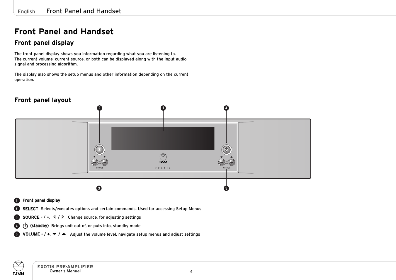 Front panel and handset, Front panel display, Front panel layout | Linn EXOTIK PRE-AMPLIFIER User Manual | Page 9 / 28