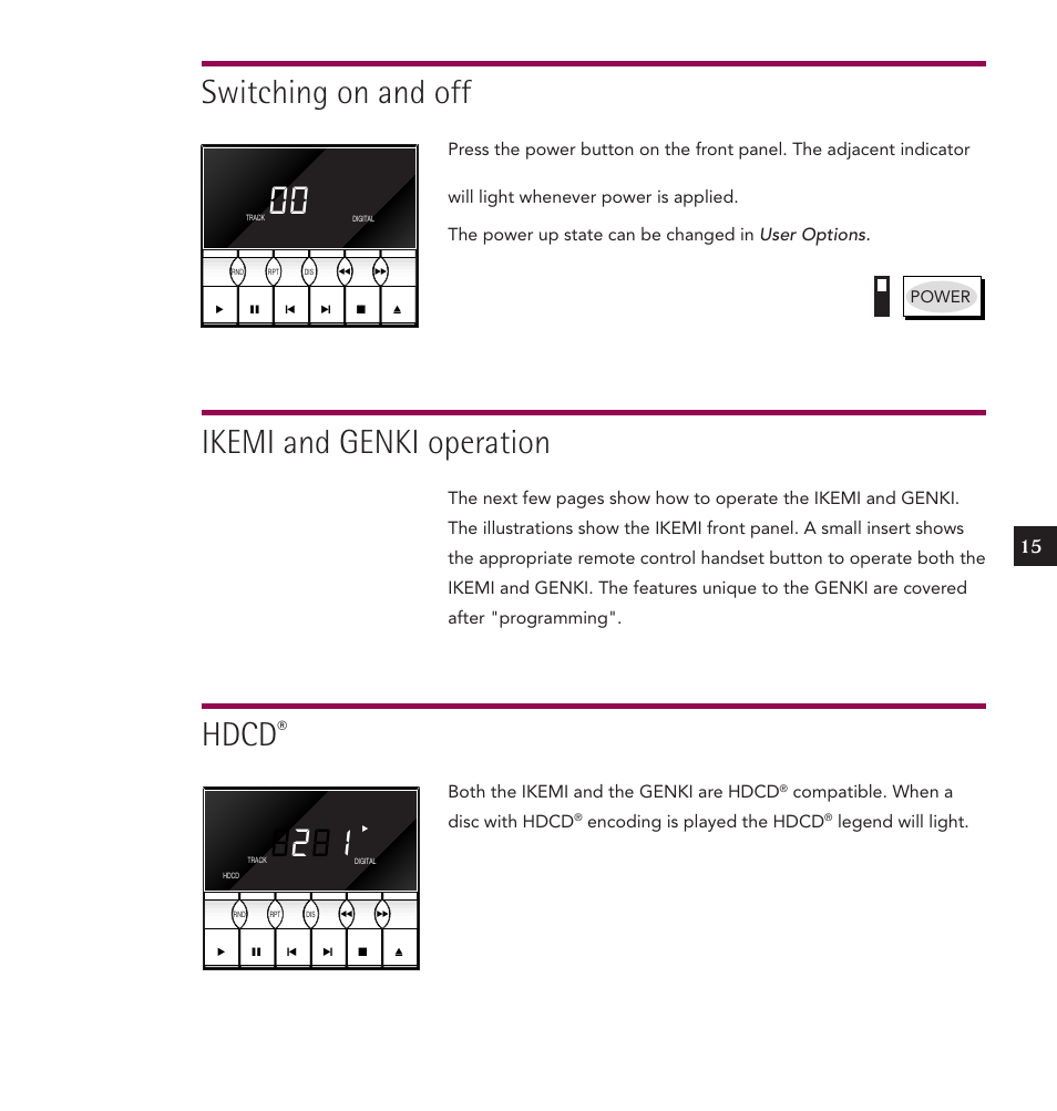 Switching on and off, Ikemi and genki operation, Hdcd | Record, Both the ikemi and the genki are hdcd, Compatible. when a disc with hdcd, Encoding is played the hdcd, Legend will light | Linn IKEMI & GENKI User Manual | Page 23 / 39