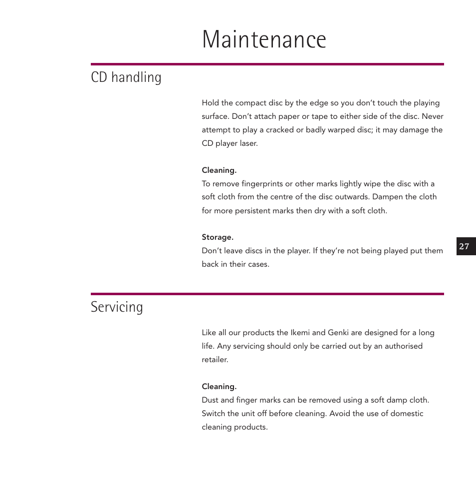 Maintenance, Cd handling, Servicing | Linn IKEMI & GENKI User Manual | Page 35 / 39