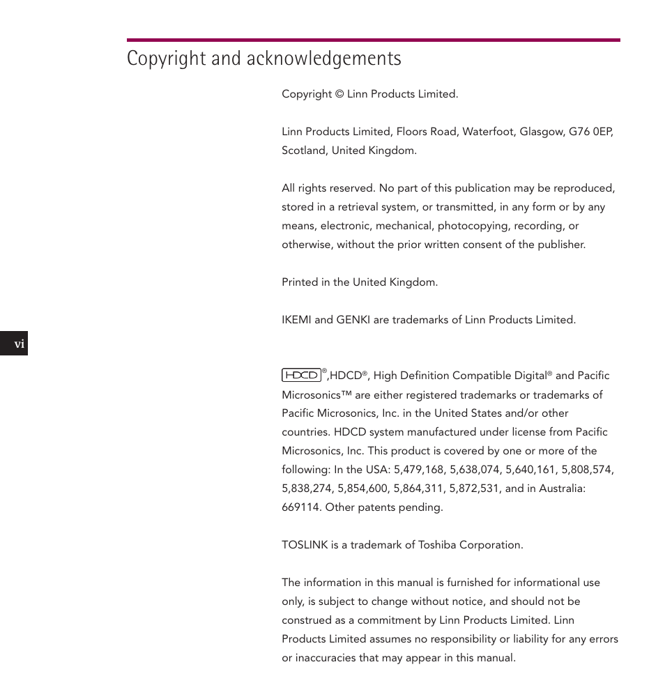 Copyright and acknowledgements | Linn IKEMI & GENKI User Manual | Page 8 / 39