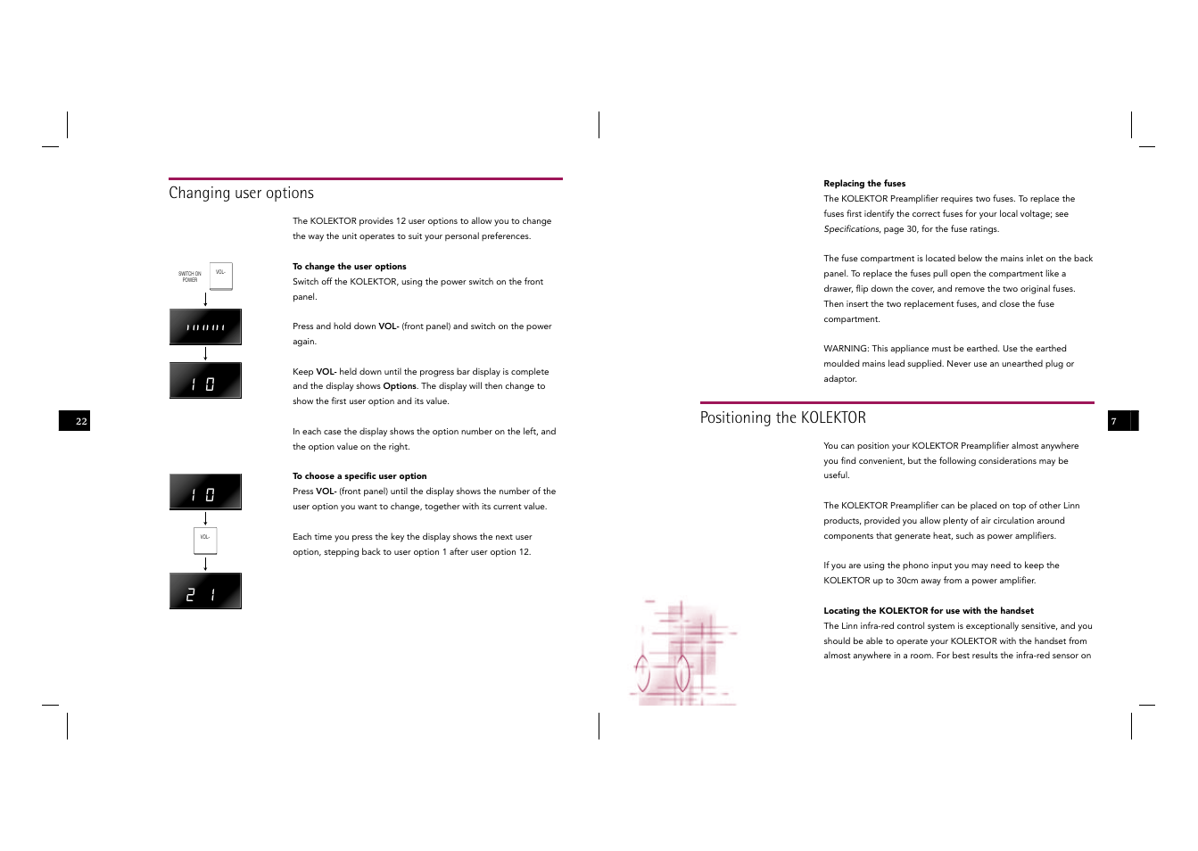 Changing user options, Positioning the kolektor | Linn Kolektor User Manual | Page 17 / 48