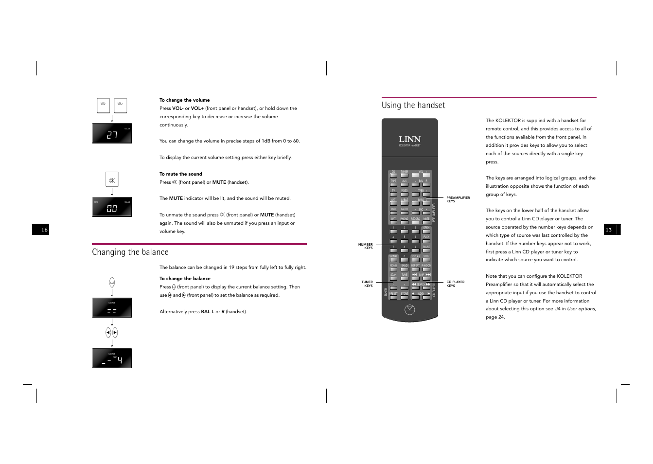 Changing the balance, Using the handset, Linn | Linn Kolektor User Manual | Page 23 / 48