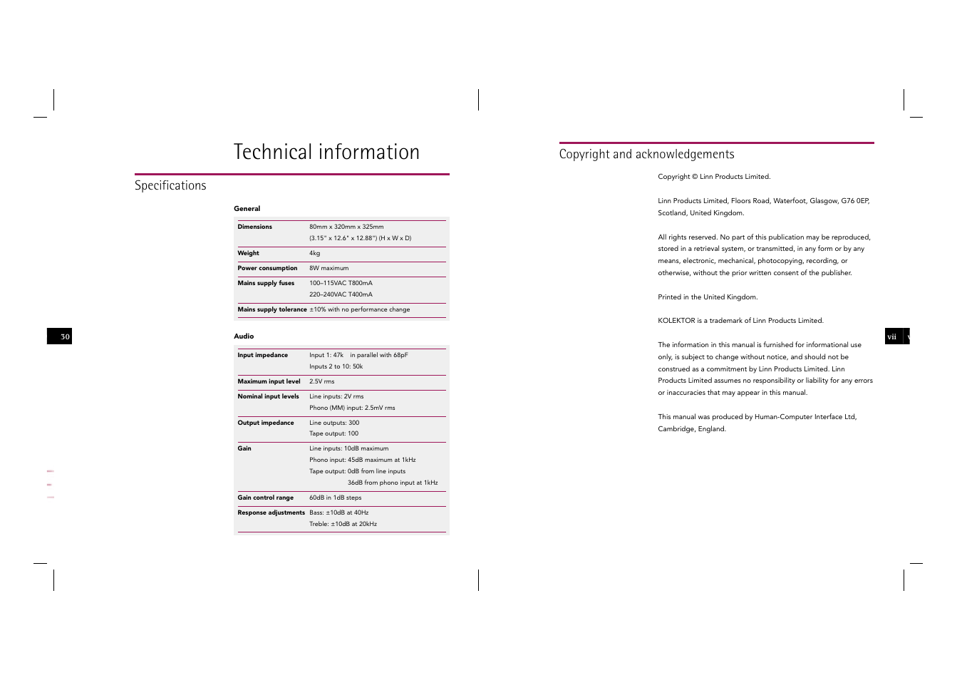 Technical information, Specifications, Copyright and acknowledgements | Linn Kolektor User Manual | Page 40 / 48