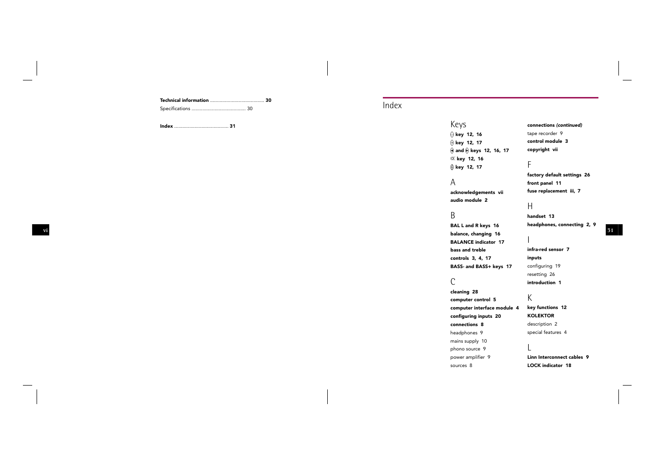 Keys, Index | Linn Kolektor User Manual | Page 41 / 48